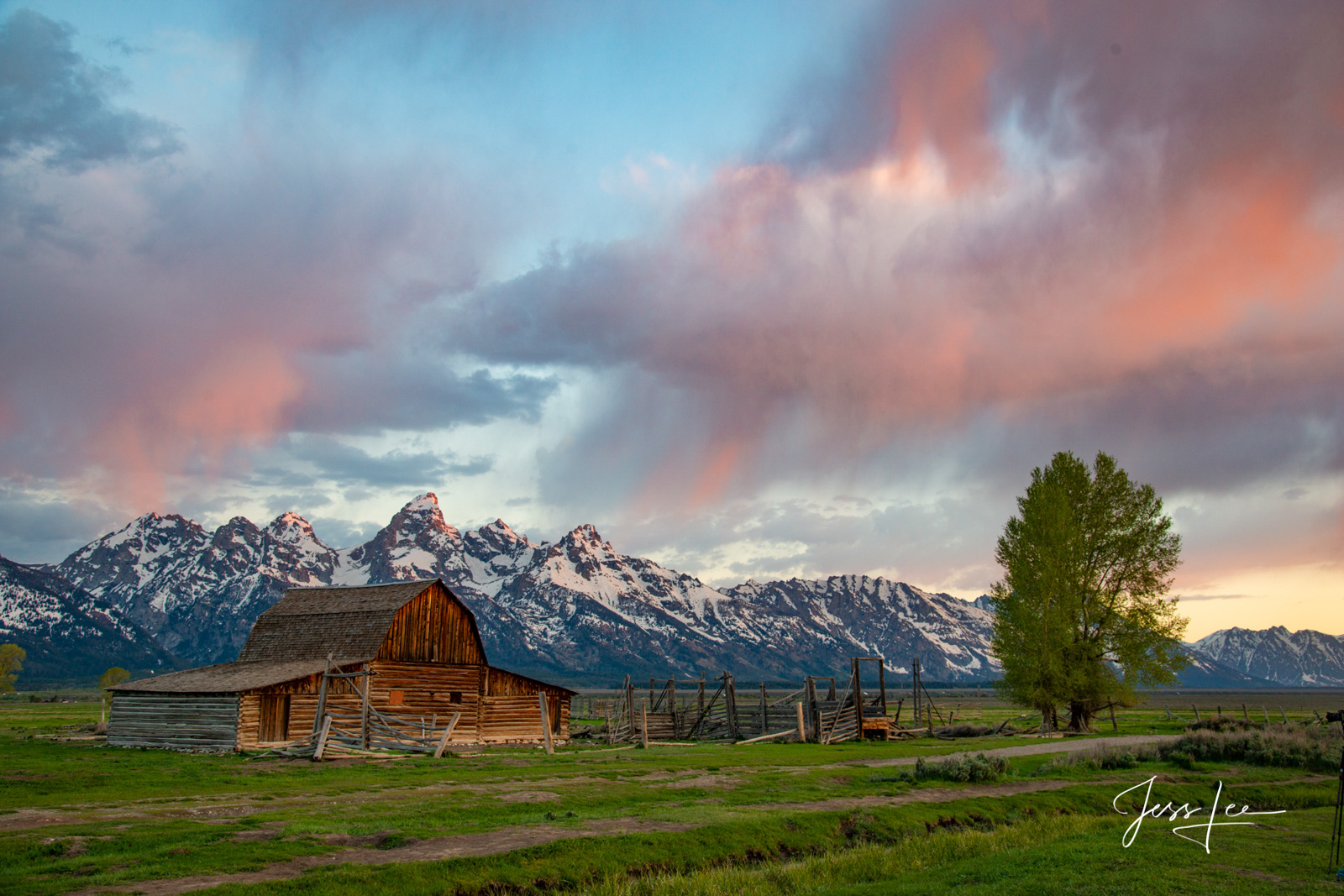  Teton Barn at sunrise with red clouds
