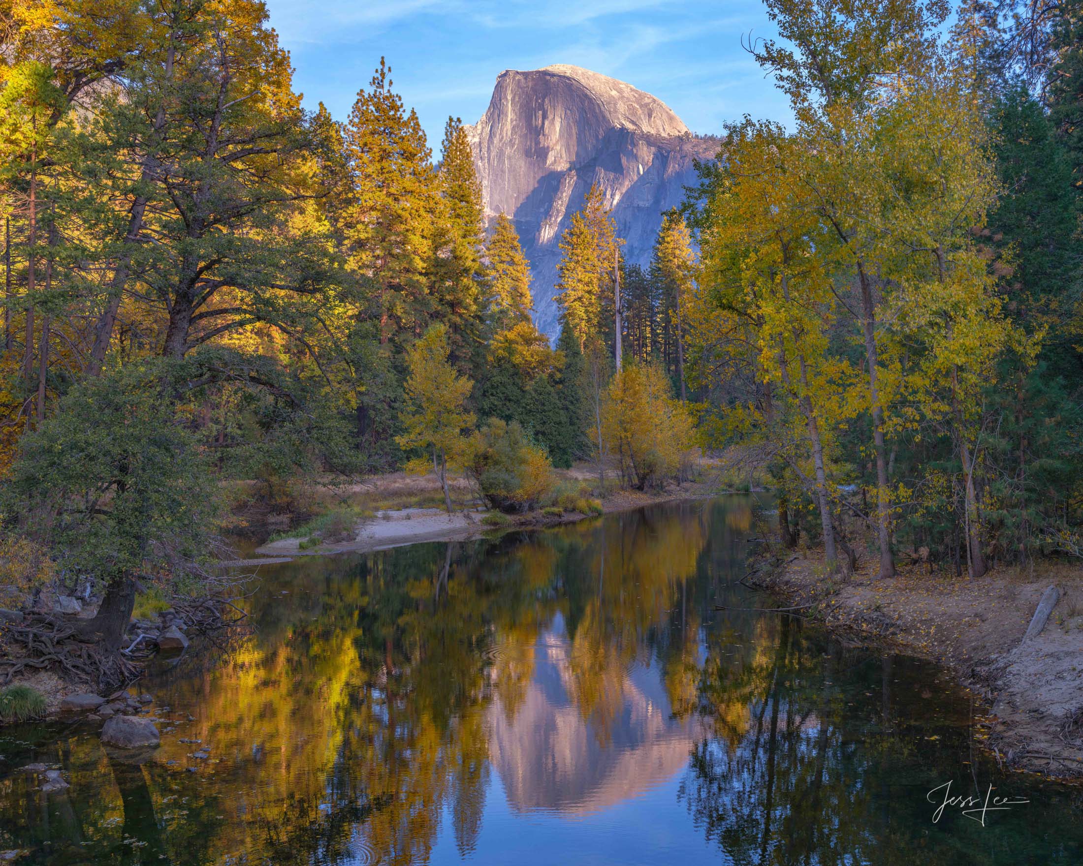 Half Dome Autumn Reflection Half Dome Yosemite Photography Fine-Art Print With Autumn color along the Merced River.