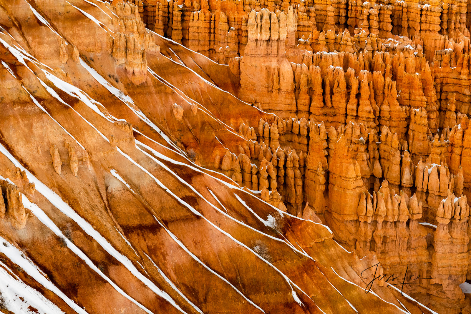 Stripes of snow in Bryce Canyon National Park, Utah. 