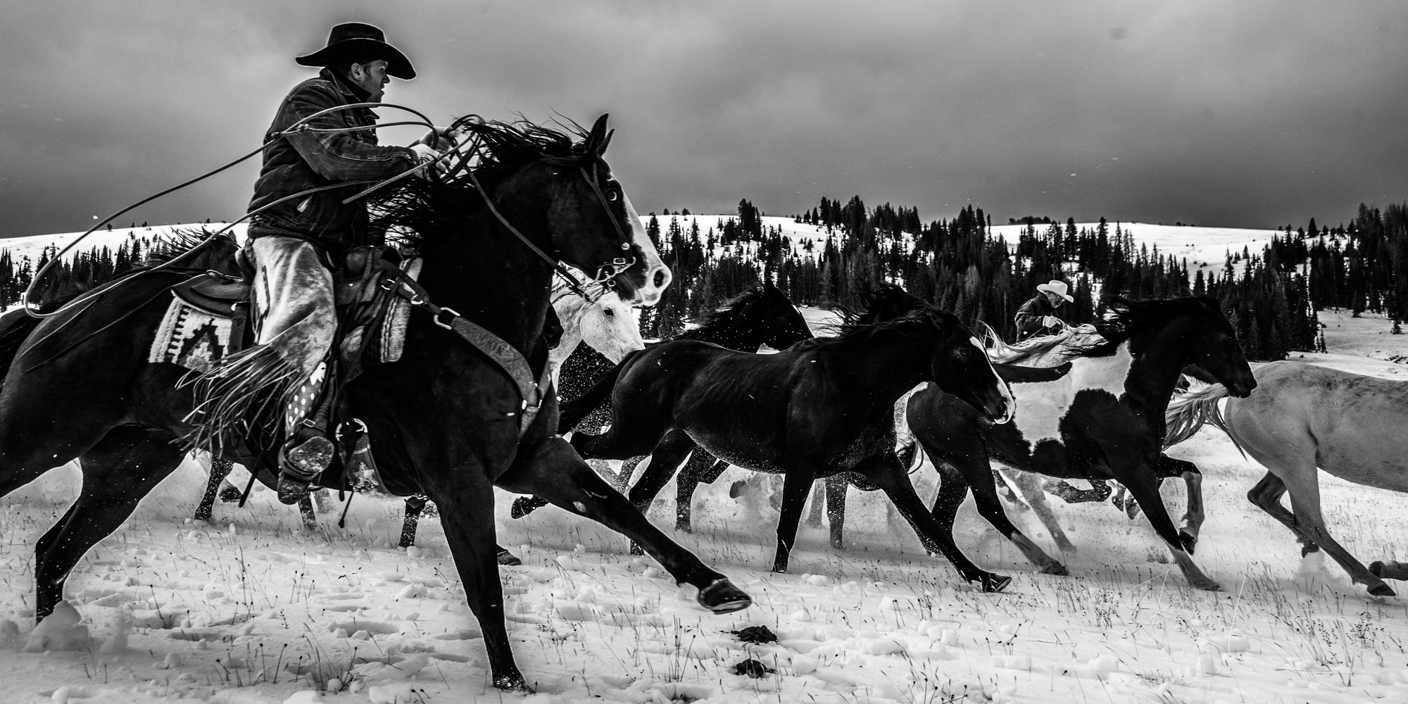 Fine Art Limited Edition Photo Prints of Cowboys, Horses, and life in the West. Winter Roundup. A Cowboy picture in black and...
