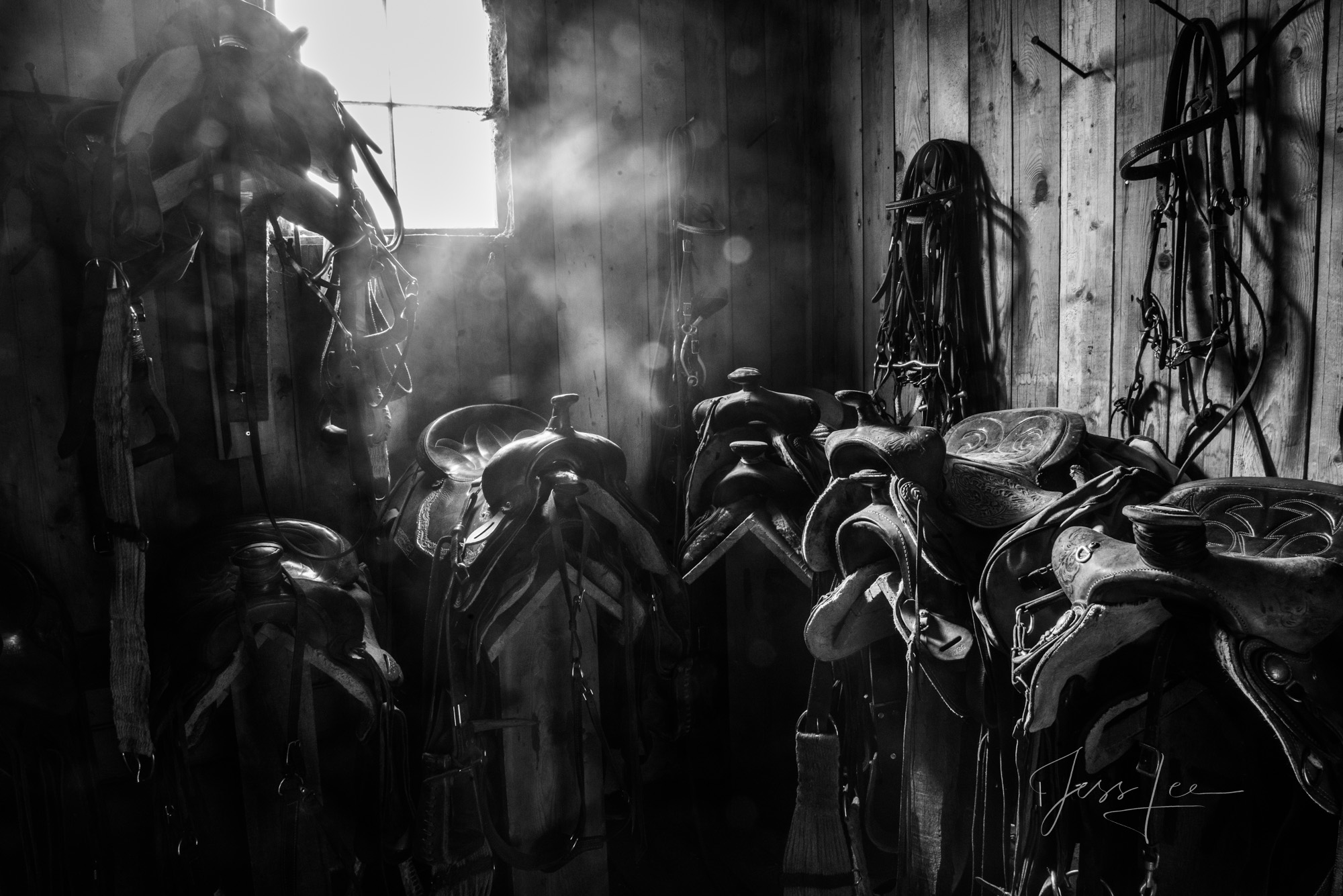 Fine Art Limited Edition Photo Prints of Cowboys, Horses, and life in the West. Ghost of the Tack Room a Cowboy picture in black...