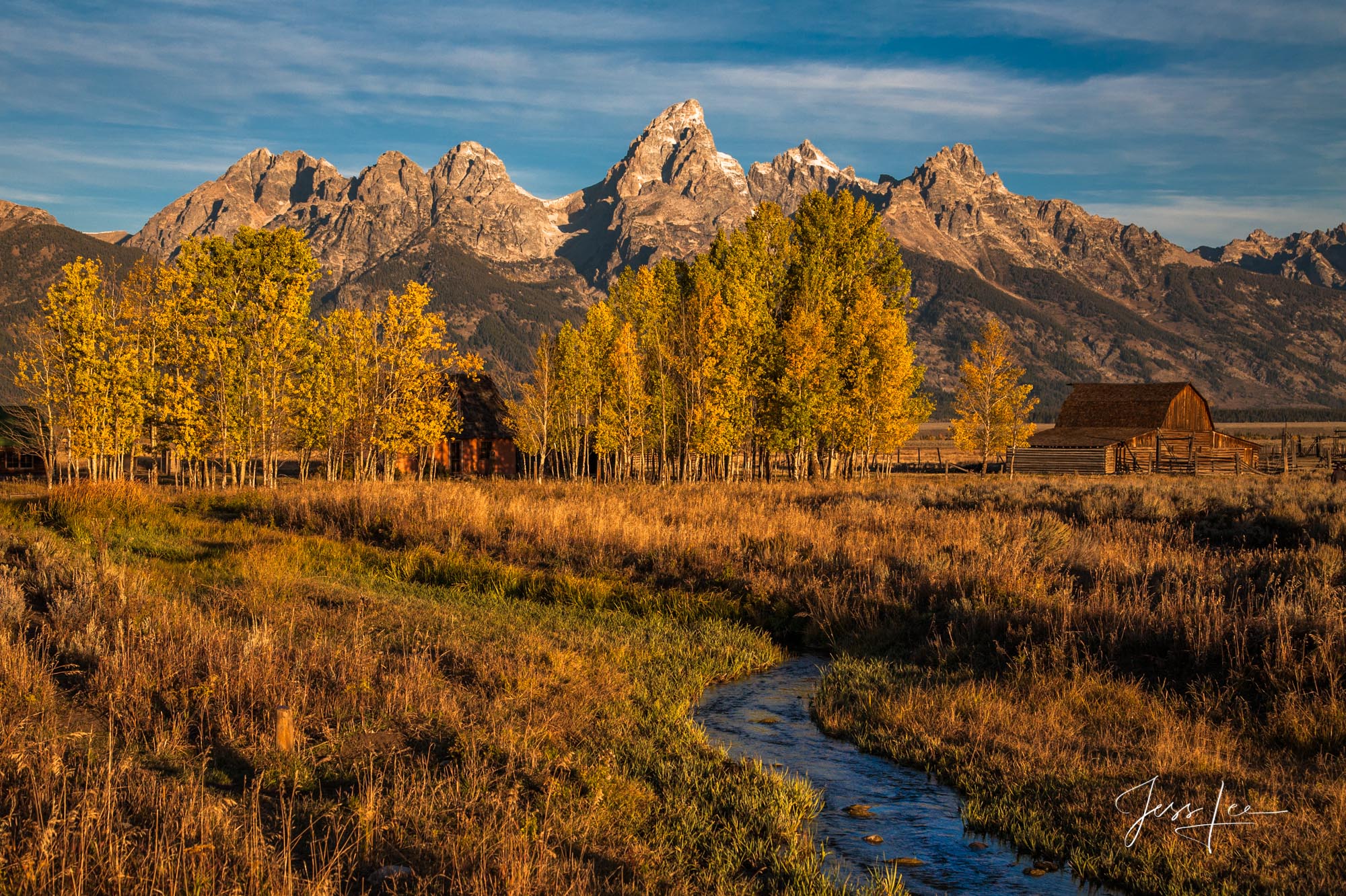 Teton Barn Autumn Stream A Grand Teton photo fine art print of beautiful Photography and Pictures in large format museum-quality Acrylic or metal wall art