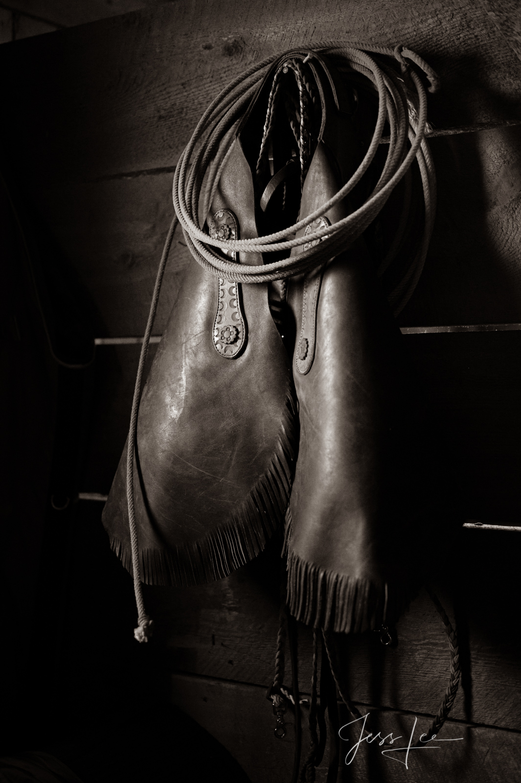 Ready when you are. Chinks and Rope Hanging in the barn. A Sepia Print.