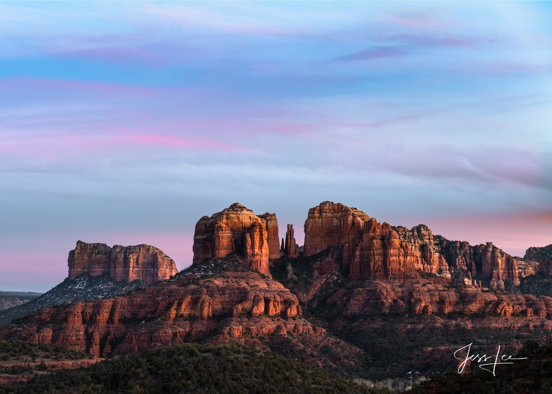 Sunset on the Cathedral Golden hour on the Cathedral rocks in Red Rocks Country , Arizona.