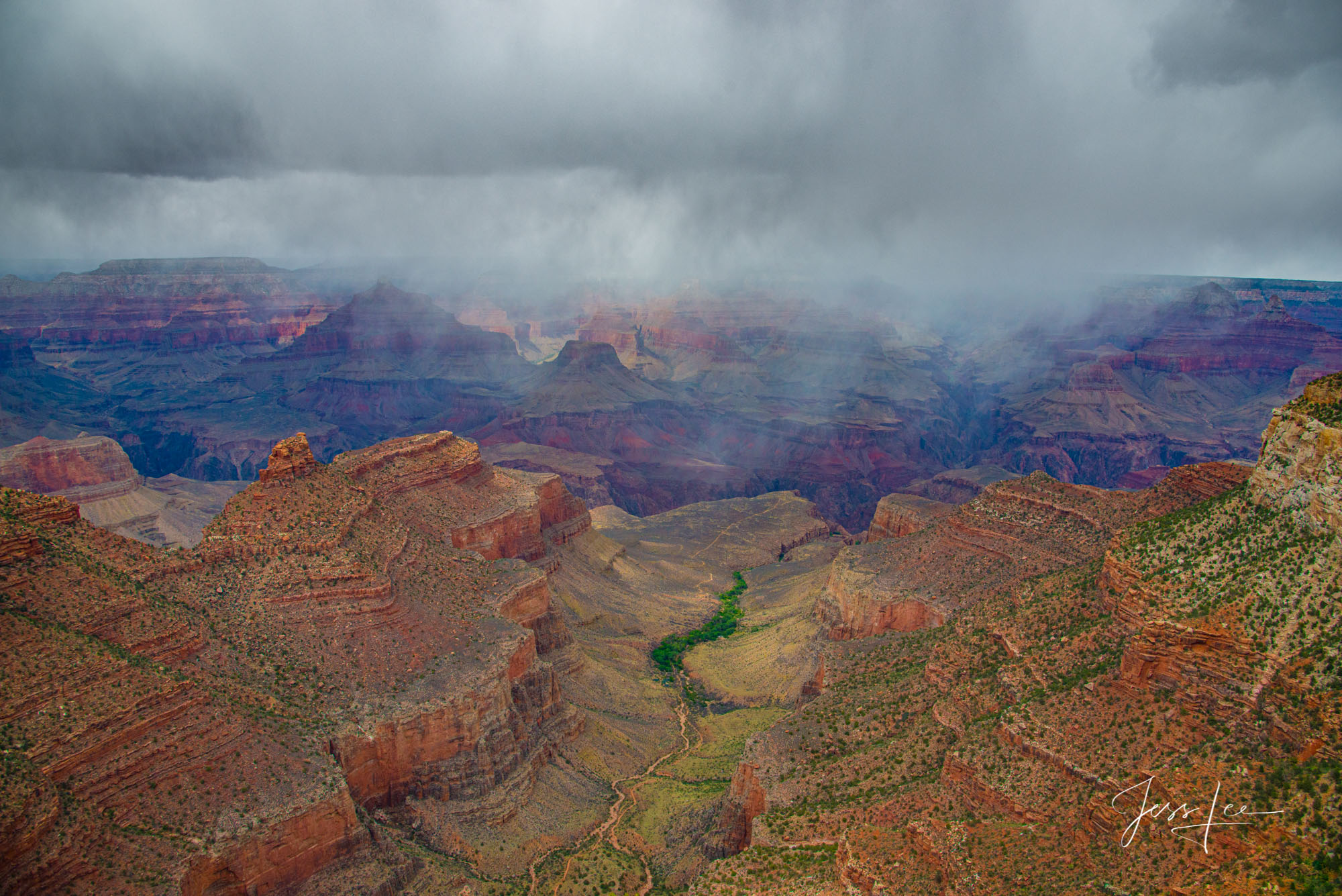 Rain storm rolling in over the Grand Canyon in Arizona. 