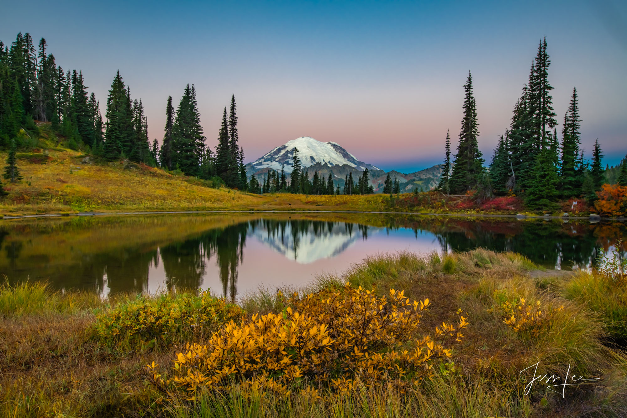 Double Take at Tipsoo Lake Mount Rainier at dawn reflecting in Tipsoo lake surrounded by the colors of autumn. Fine Art Limited Edition of 200 Prints.