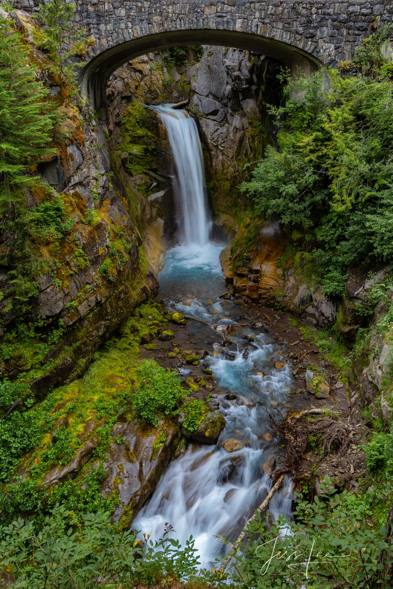 Rainier waterfall under a bridge. Fine art photo print.