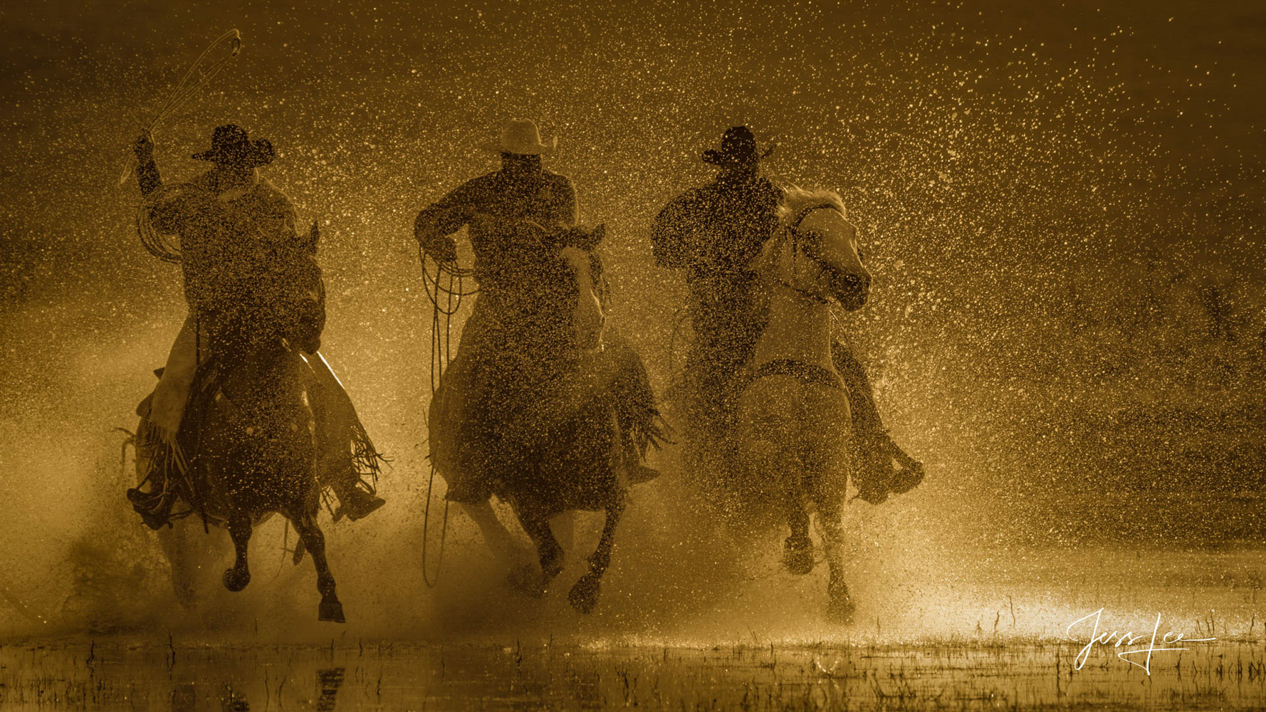 Fine Art Limited Edition Photography of Cowboys, Horses and life in the West. Cowboys find a good way to cool off racing through...