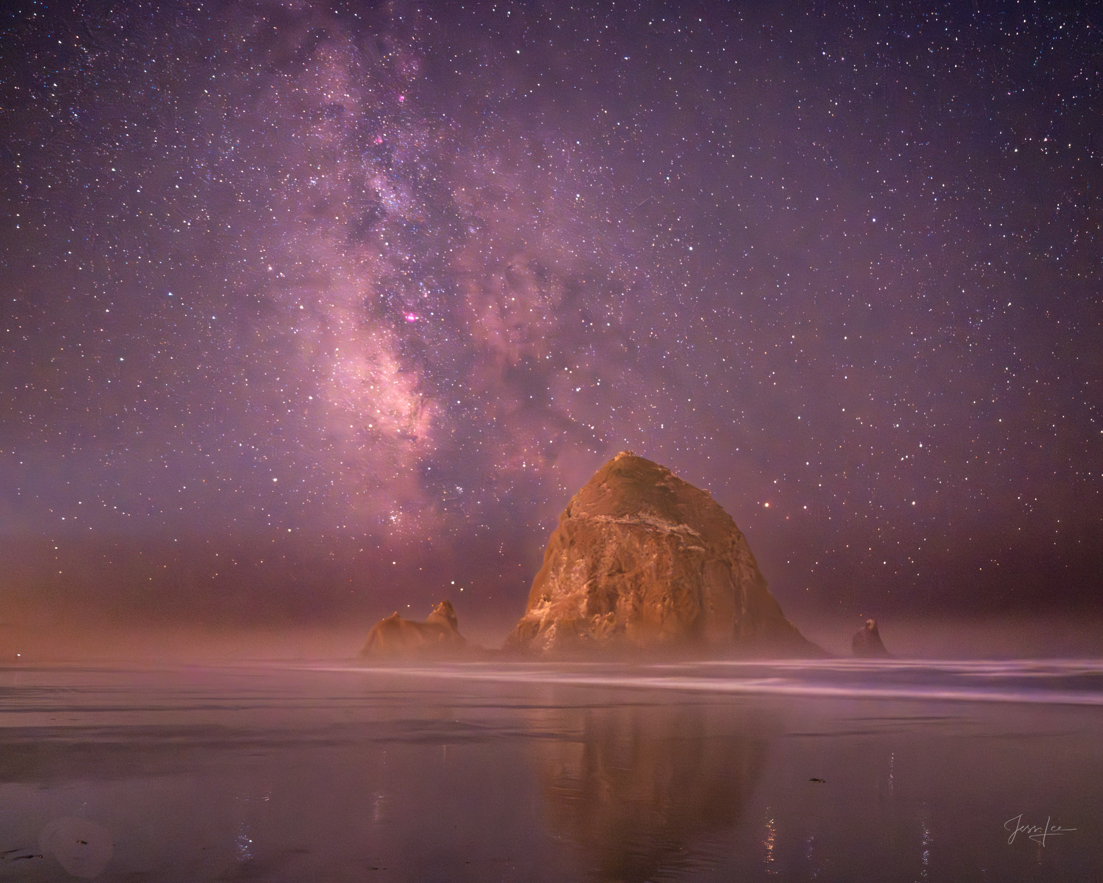 Milky Way Rising over Haystack Rock with a bit of bioluminescence. The incoming fog gives a dreamy feel to this beautiful Oregon...