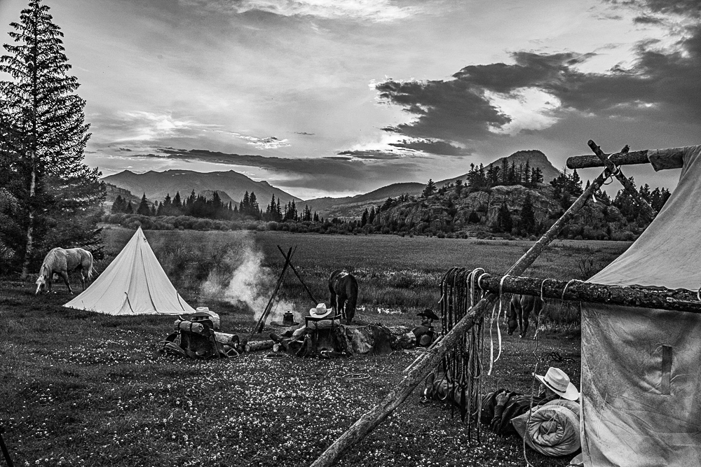 Fine Art Limited Edition Photo Prints of Cowboys, Horses, and life in the West. Mountain Camp - Cowboy pictures in black and...