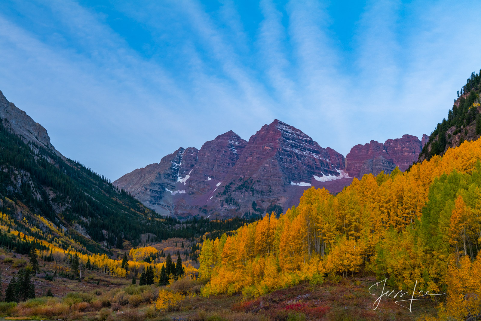 Maroon Morning A Colorado Fall Color Print of the Maroon Bells Mountains during the peak of Autumn Color in southeast Colorado. A limited Edition...