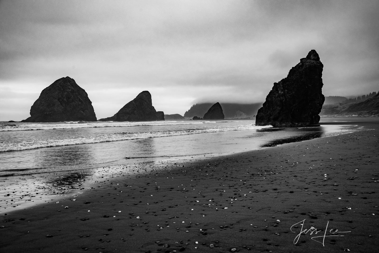 Black and white photo of the Oregon Coast.
