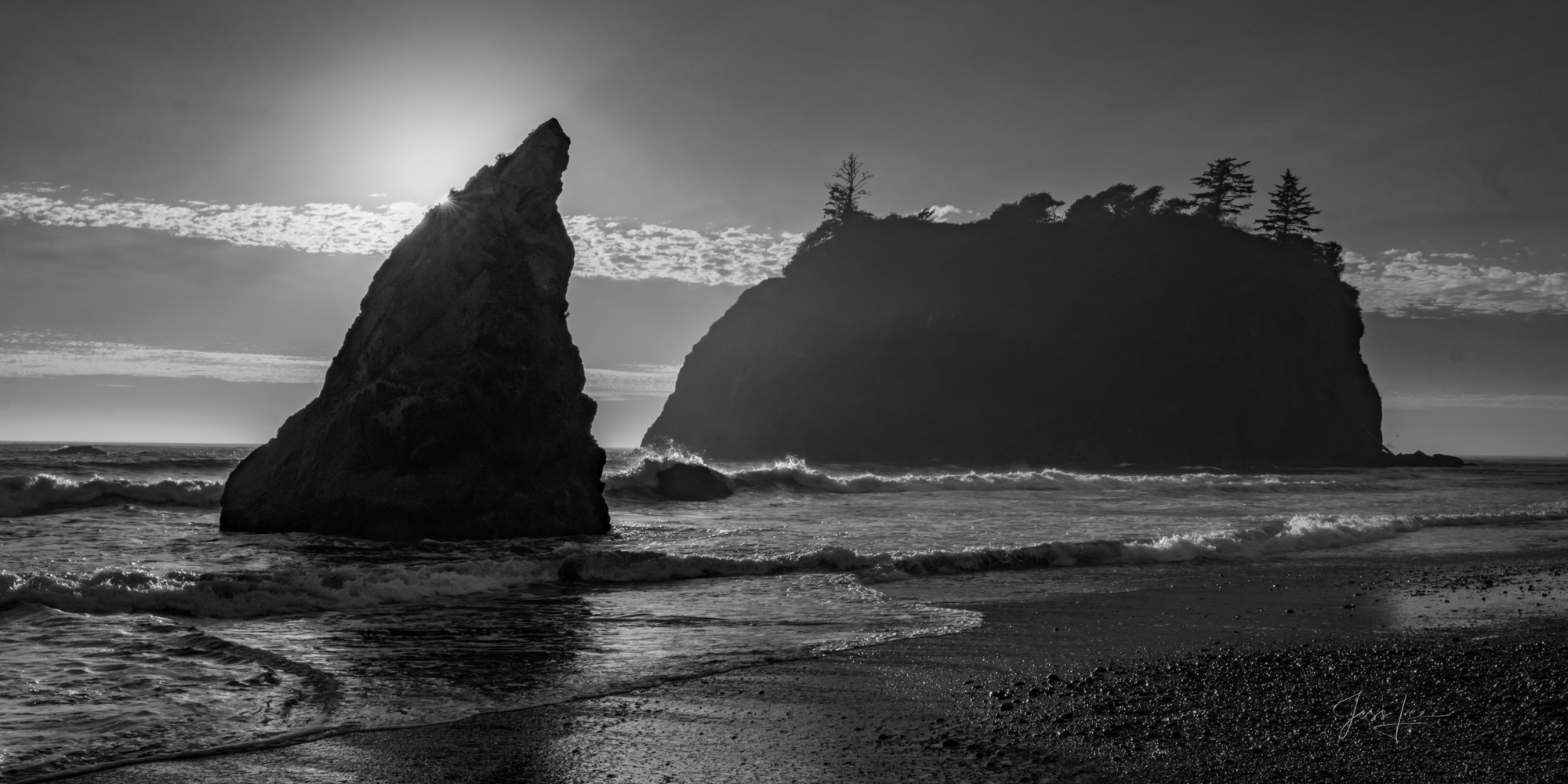 Panoramic Black and White of Sunset at Ruby Beach on the Olympic Peninsula, of Washington State in the Pacific Northwest.  A...