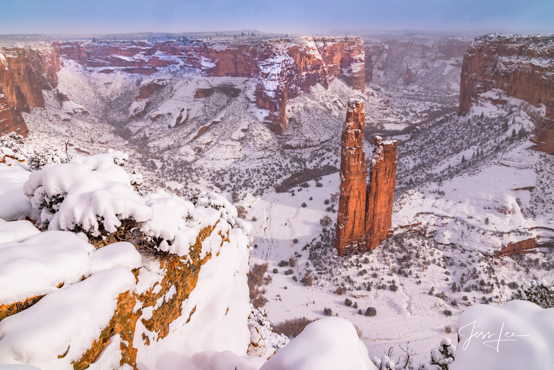 Spider Rock in Arizona covered by a thick layer of fresh snow. 