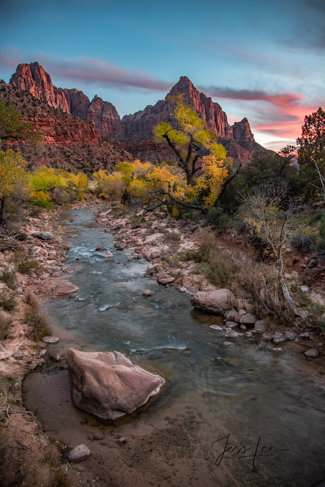 Autumn Evening over the Virgin River vertical at Zion in the the American Southwest Virgin River vertical print at Zion National Park